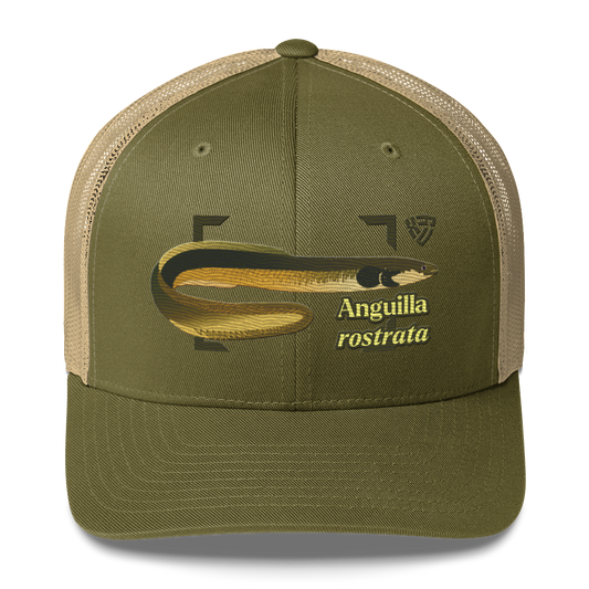 American Eel "Anguilla rostrata" Embroidered Moss Green & Khaki Trucker Hat Front Mockup