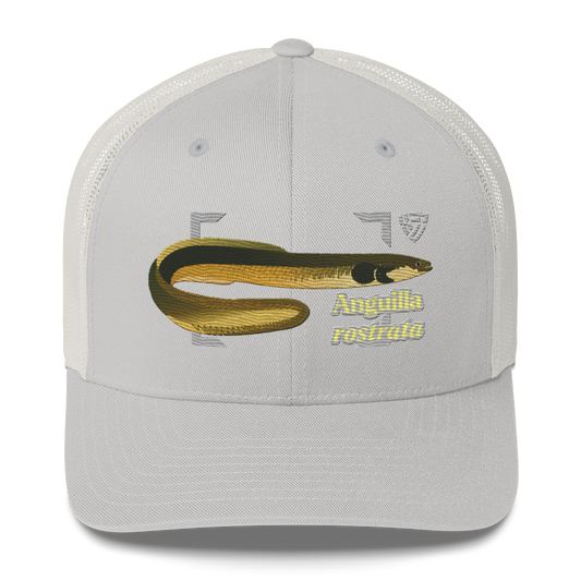 American Eel "Anguilla rostrata" Embroidered Silver Trucker Hat Front Mockup