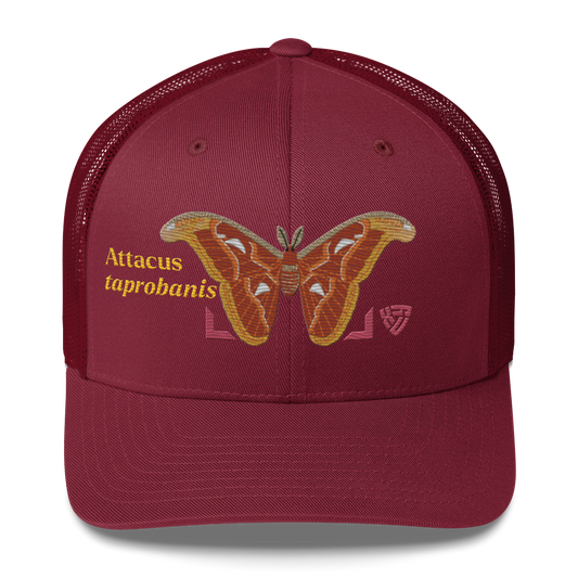 Atlas Moth "Attacus taprobanis" Embroidered Cranberry Red Trucker Hat Front Mockup