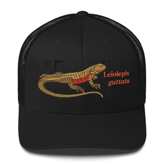 Giant Butterfly Lizard "Leiolepis guttata" Embroidered Black Trucker Hat Front Mockup