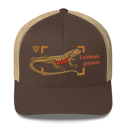 Giant Butterfly Lizard "Leiolepis guttata" Embroidered Brown & Khaki Trucker Hat Front Mockup