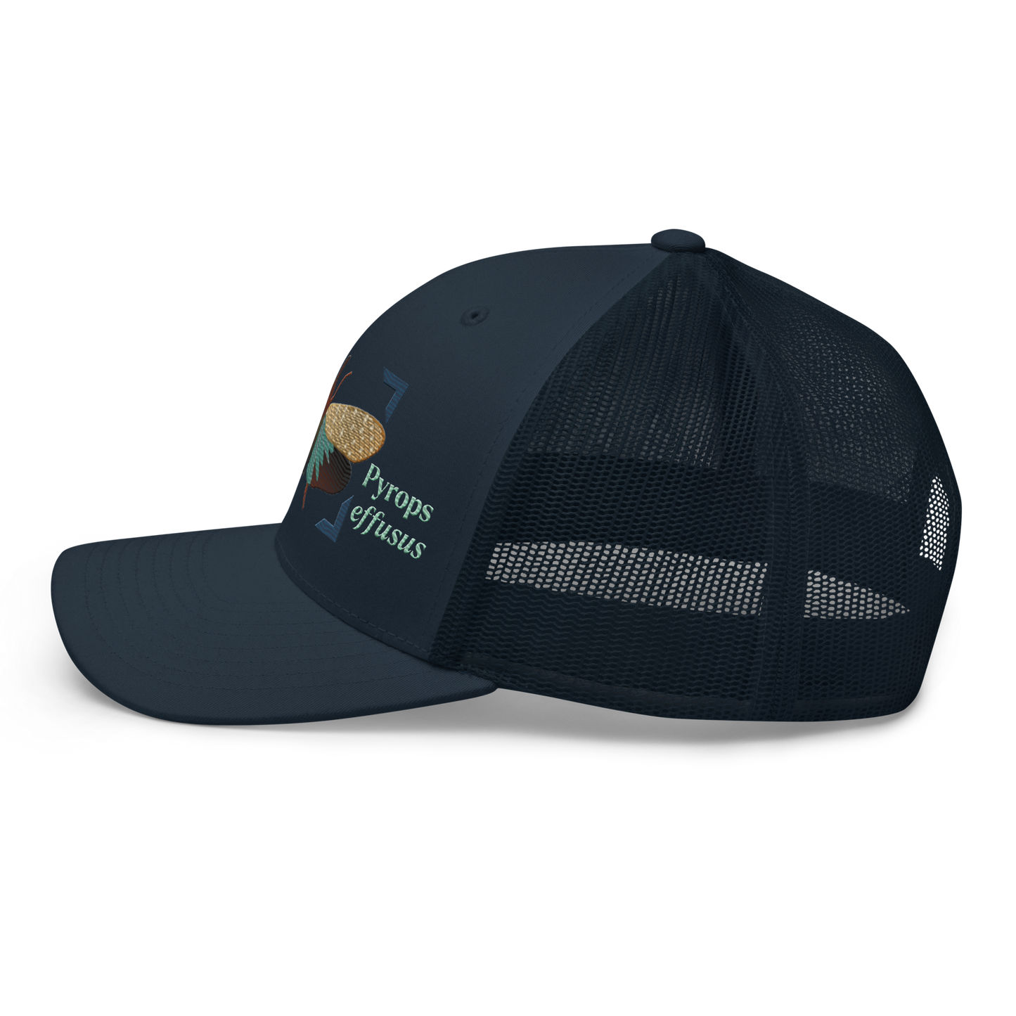 Lanternfly "Pyrops effusa" Embroidered Navy Blue Trucker Hat Left Mockup