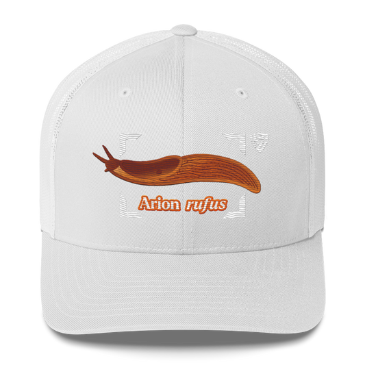 The Large Red Slug "Arion rufus" Embroidered White Trucker Hat Front Mockup