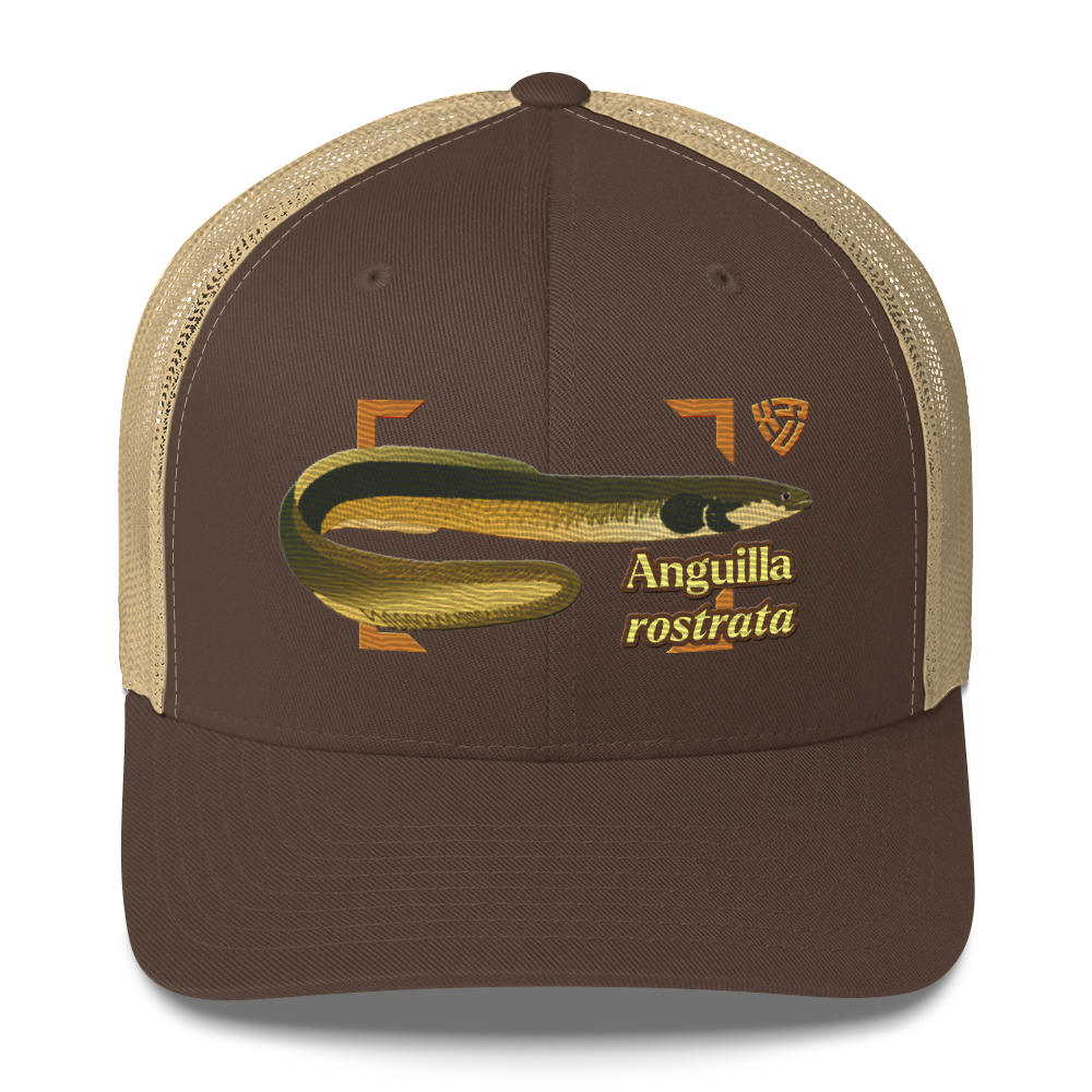 American Eel "Anguilla rostrata" Embroidered Brown & Khaki Trucker Hat Front Mockup