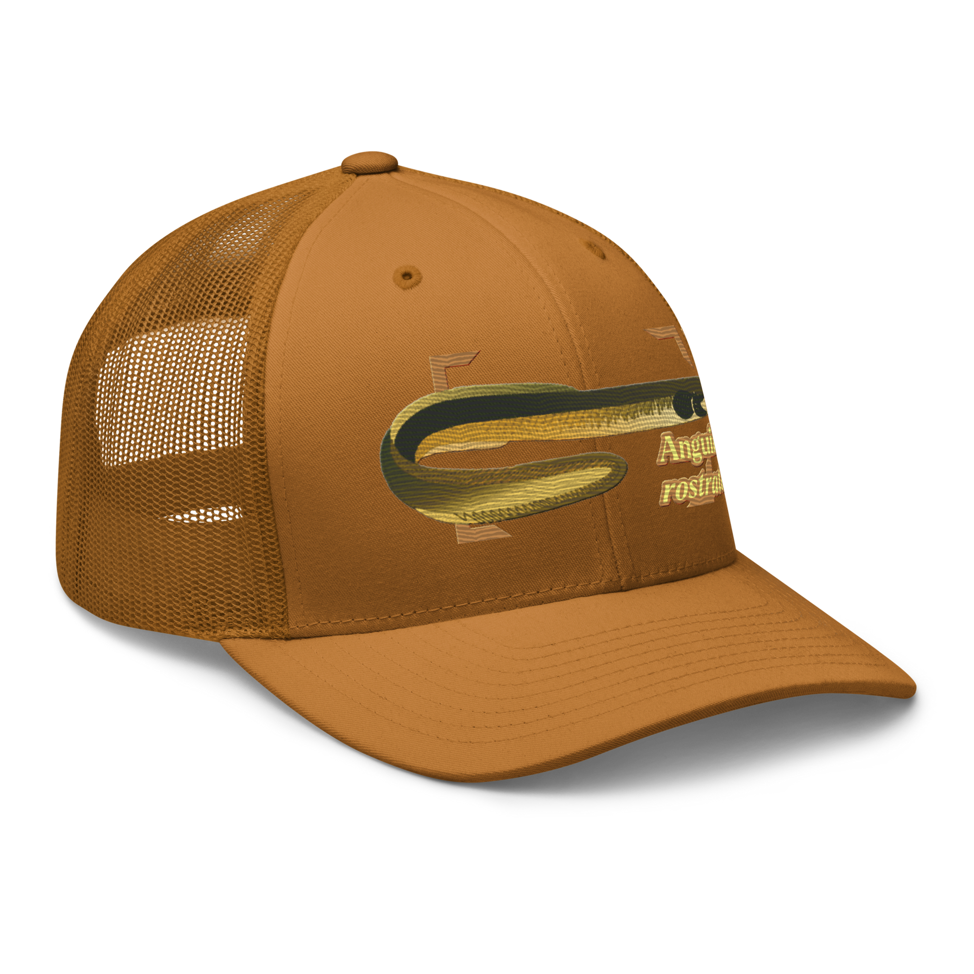 American Eel "Anguilla rostrata" Embroidered Caramel Trucker Hat Right Front Mockup