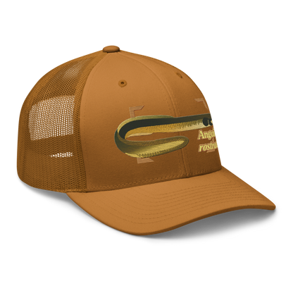 American Eel "Anguilla rostrata" Embroidered Caramel Trucker Hat Right Front Mockup