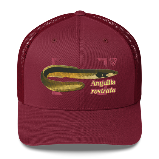 American Eel "Anguilla rostrata" Embroidered Cranberry Red Trucker Hat  Front Mockup
