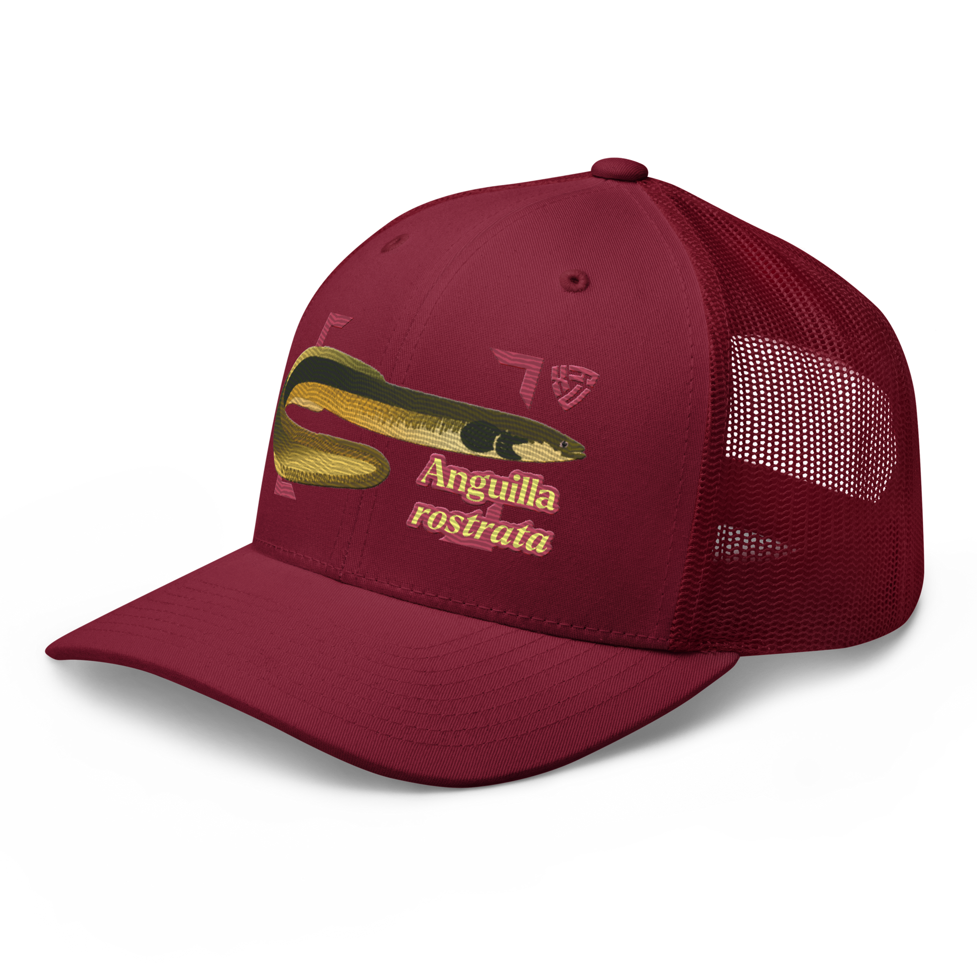 American Eel "Anguilla rostrata" Embroidered Cranberry Red Trucker Hat Left Front Mockup