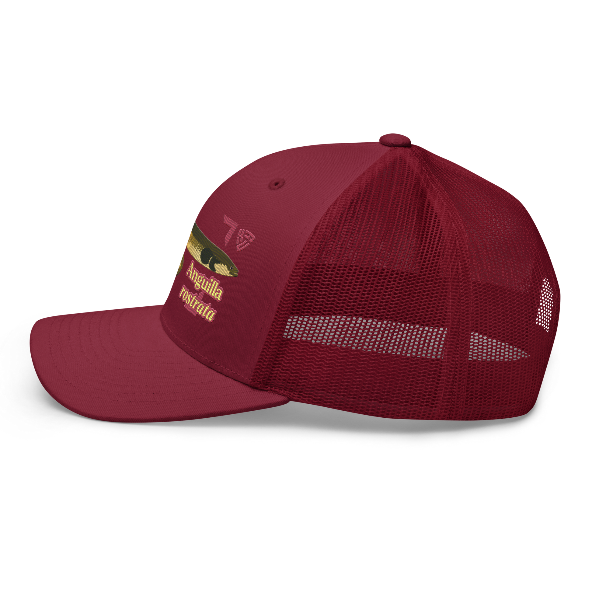 American Eel "Anguilla rostrata" Embroidered Cranberry Red Trucker Hat Left Mockup
