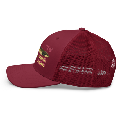 American Eel "Anguilla rostrata" Embroidered Cranberry Red Trucker Hat Left Mockup