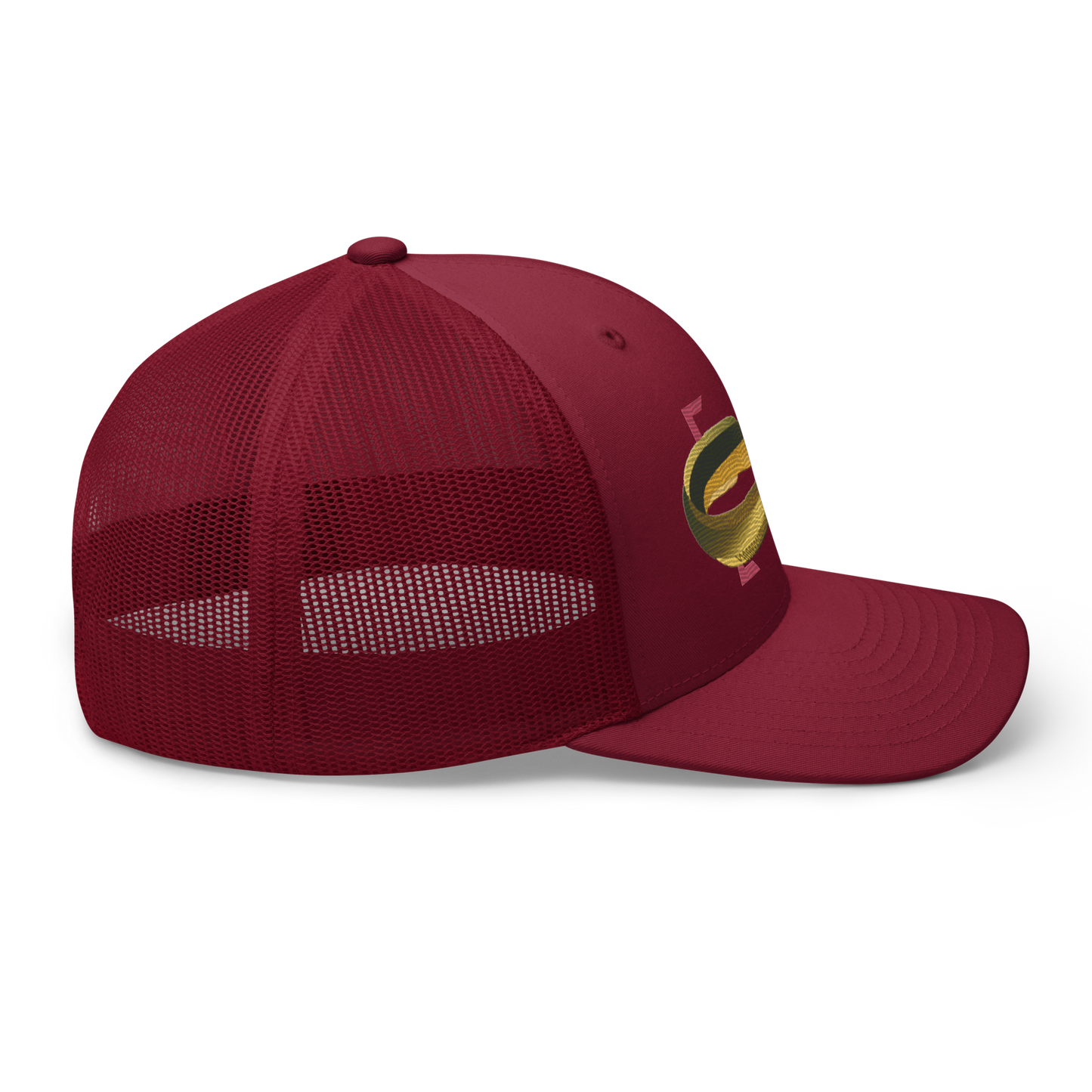 American Eel "Anguilla rostrata" Embroidered Cranberry Red Trucker Hat Right Mockup
