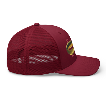 American Eel "Anguilla rostrata" Embroidered Cranberry Red Trucker Hat Right Mockup