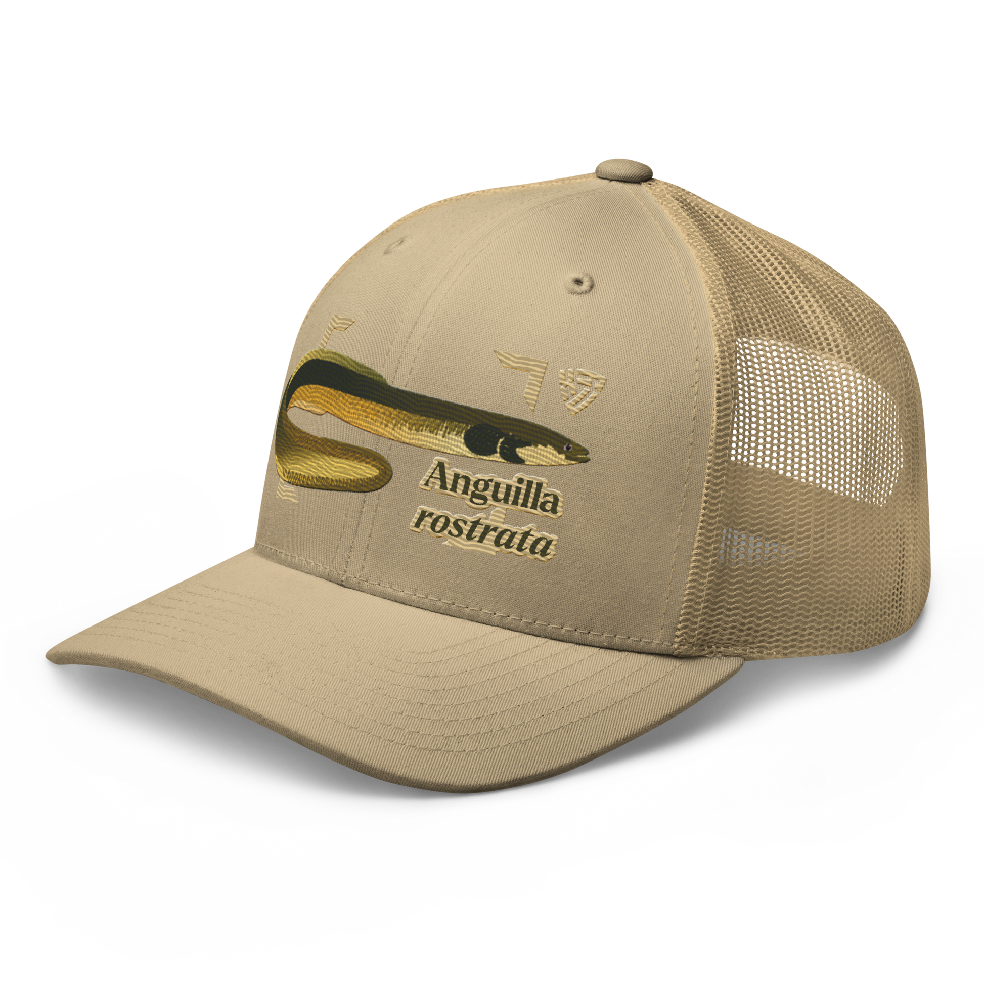 American Eel "Anguilla rostrata" Embroidered Khaki Trucker Hat Left Front Mockup
