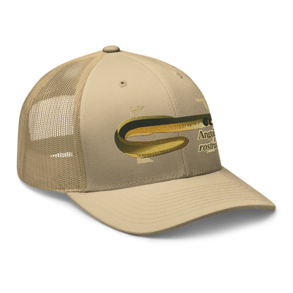 American Eel "Anguilla rostrata" Embroidered Khaki Trucker Hat Right Front Mockup