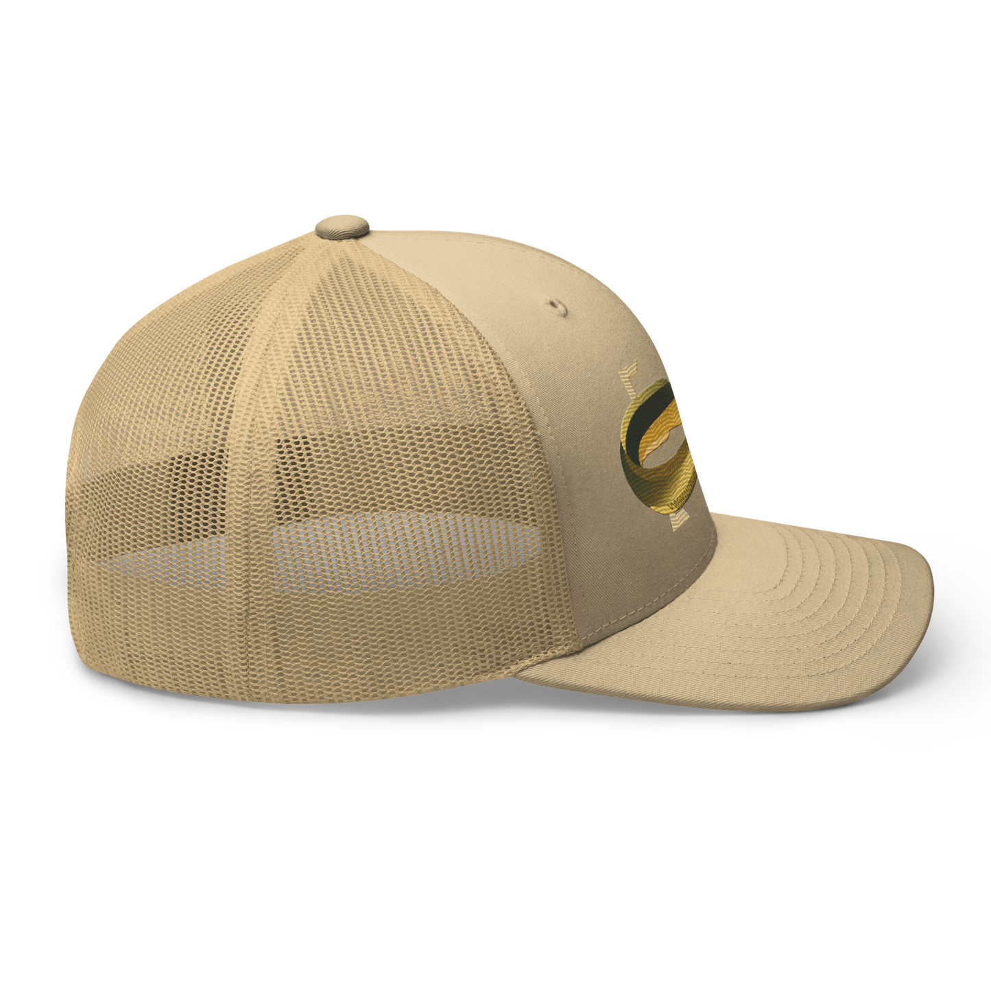 American Eel "Anguilla rostrata" Embroidered Khaki Trucker Hat Right Mockup