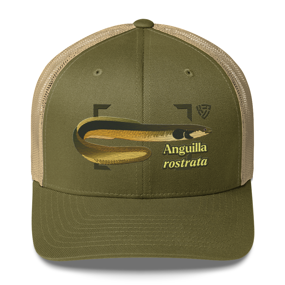 American Eel "Anguilla rostrata" Embroidered Moss Green & Khaki Trucker Hat Front Mockup