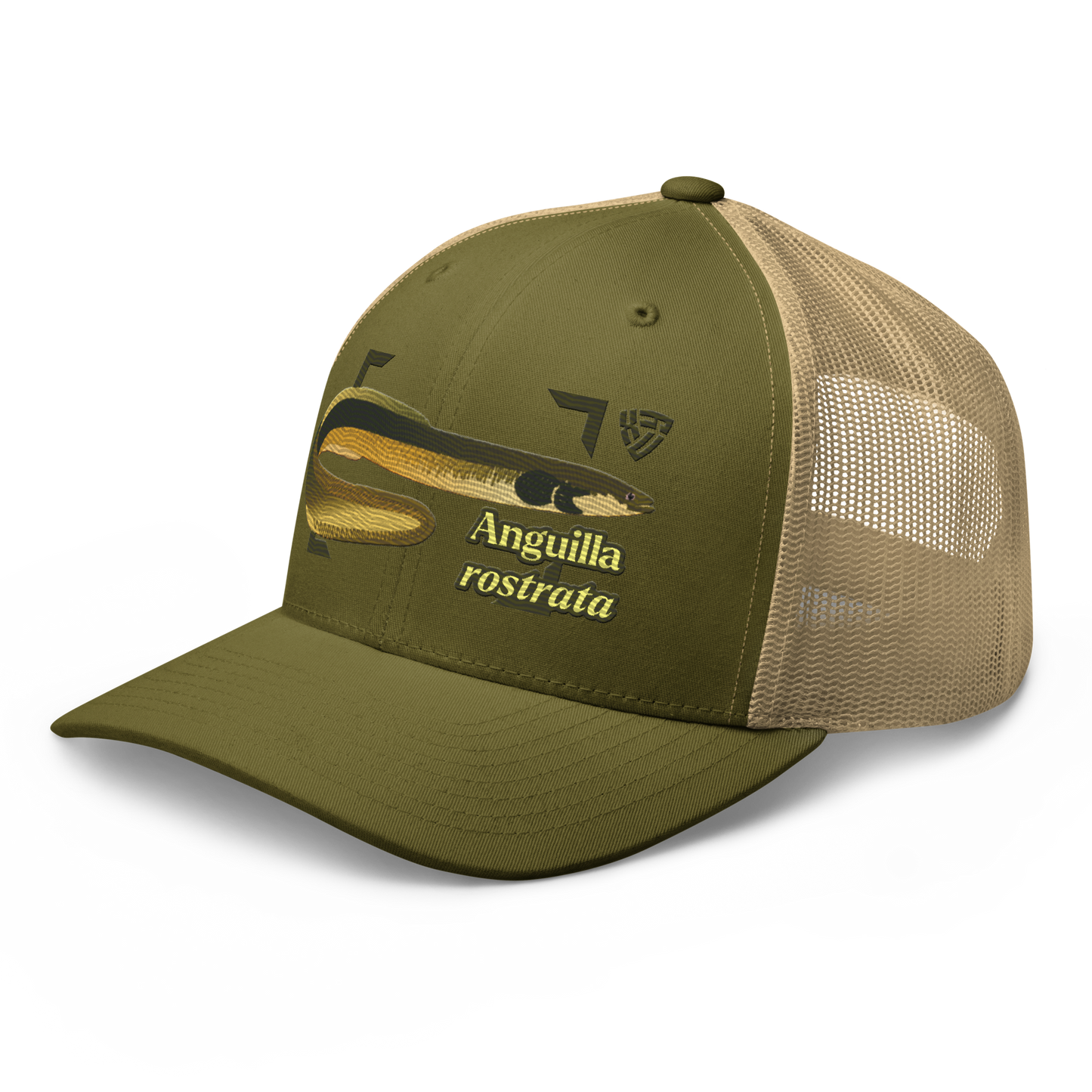 American Eel "Anguilla rostrata" Embroidered Moss Green & Khaki Trucker Hat Left Front Mockup