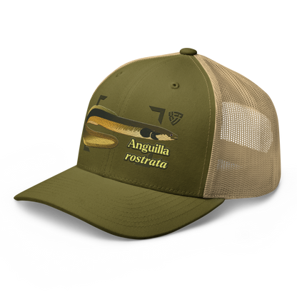 American Eel "Anguilla rostrata" Embroidered Moss Green & Khaki Trucker Hat Left Front Mockup