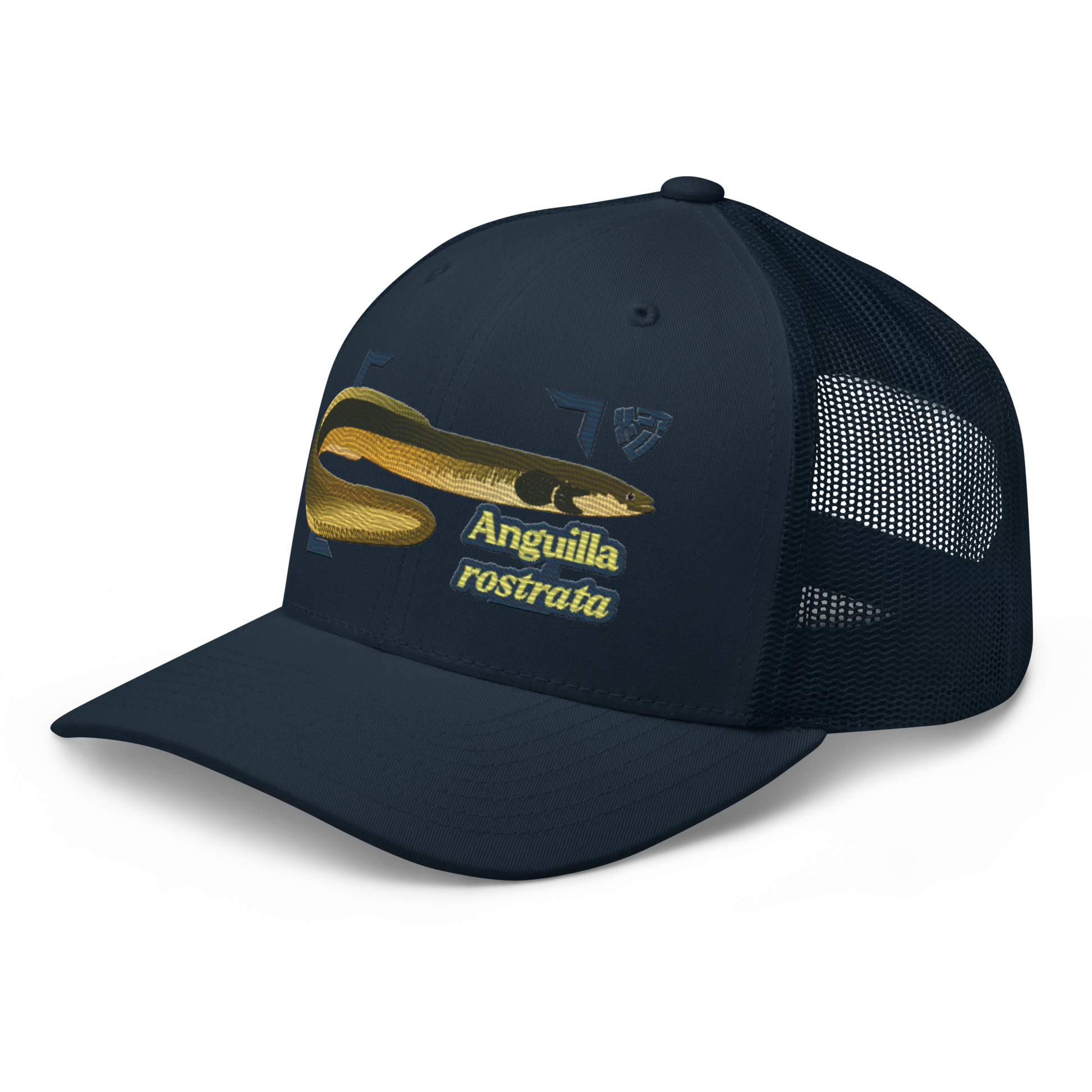 American Eel "Anguilla rostrata" Embroidered Navy Blue Trucker Hat Left Front Mockup