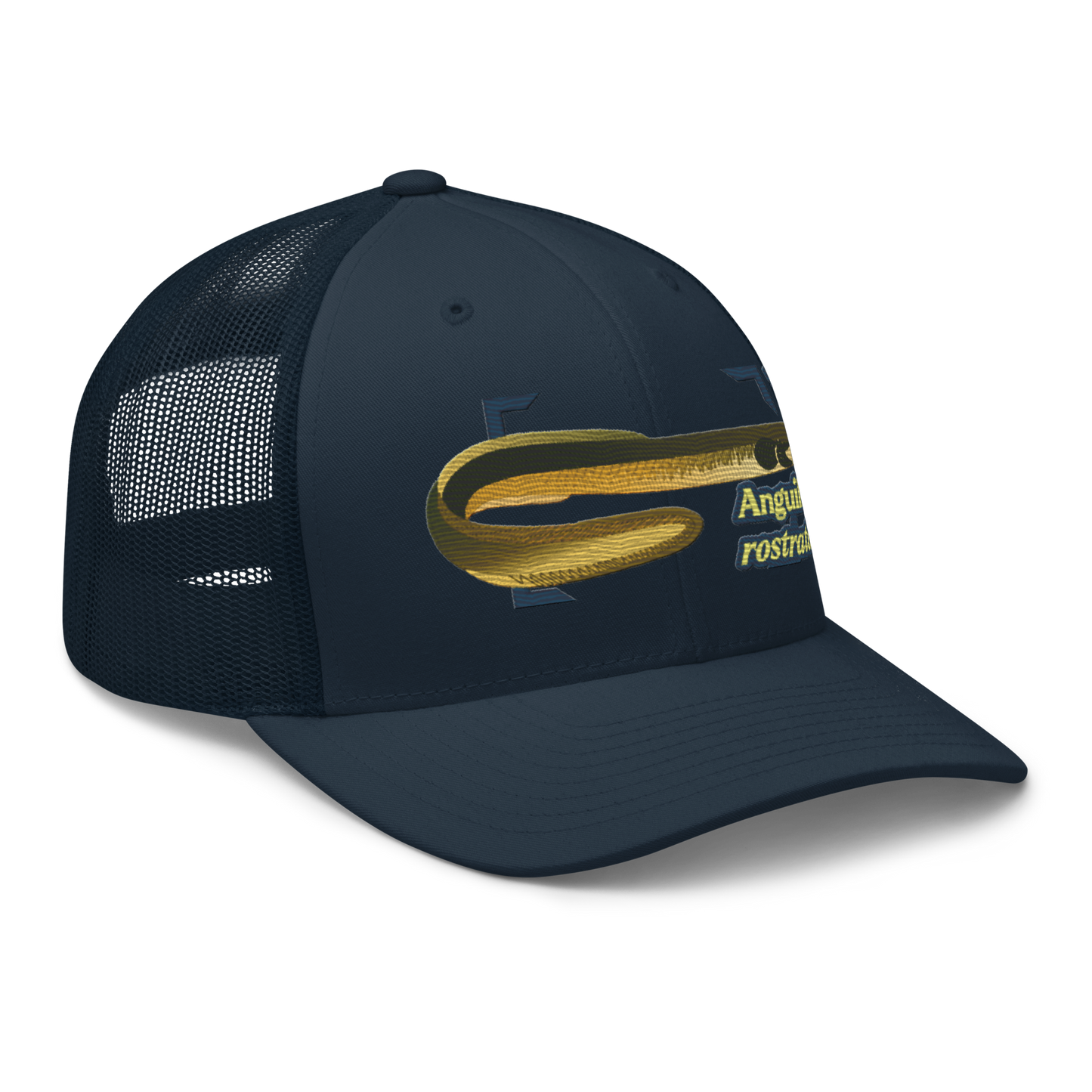 American Eel "Anguilla rostrata" Embroidered Navy Blue Trucker Hat Right Front Mockup