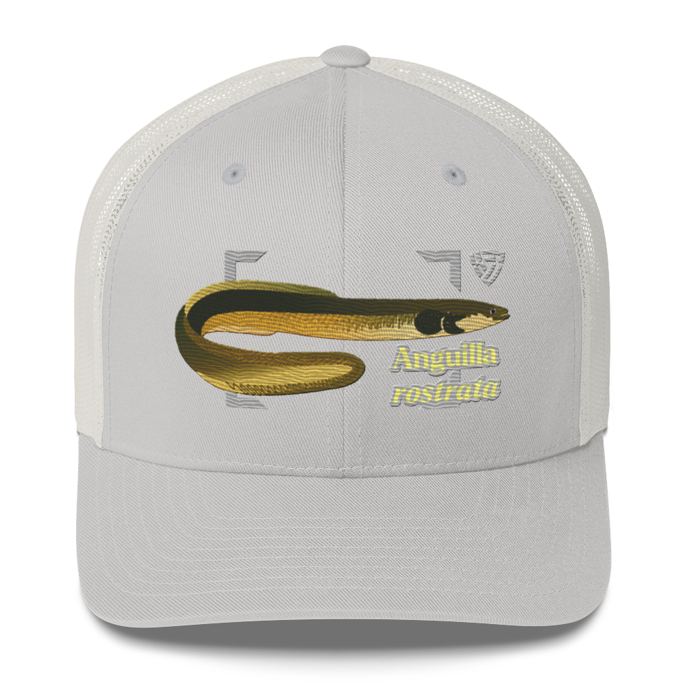 American Eel "Anguilla rostrata" Embroidered Silver Trucker Hat Front Mockup