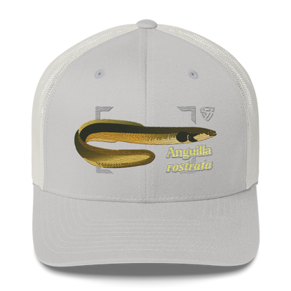 American Eel "Anguilla rostrata" Embroidered Silver Trucker Hat Front Mockup