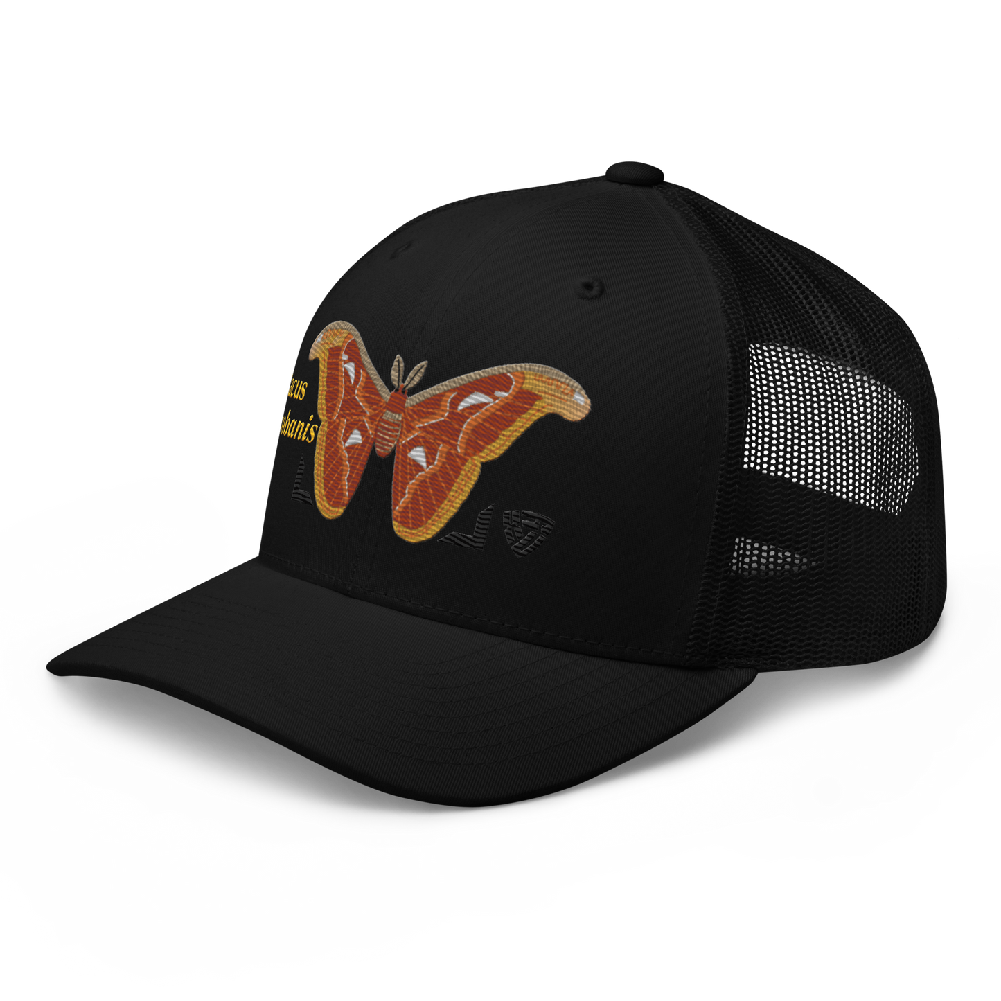 Atlas Moth "Attacus taprobanis" Embroidered Black Trucker Hat Left Front Mockup