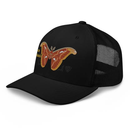 Atlas Moth "Attacus taprobanis" Embroidered Black Trucker Hat Left Front Mockup