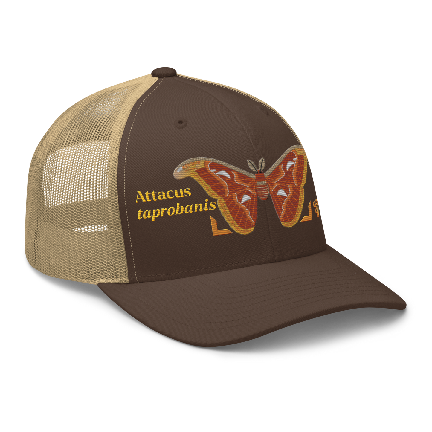 Atlas Moth "Attacus taprobanis" Embroidered Brown & Khaki Trucker Hat Right Front Mockup