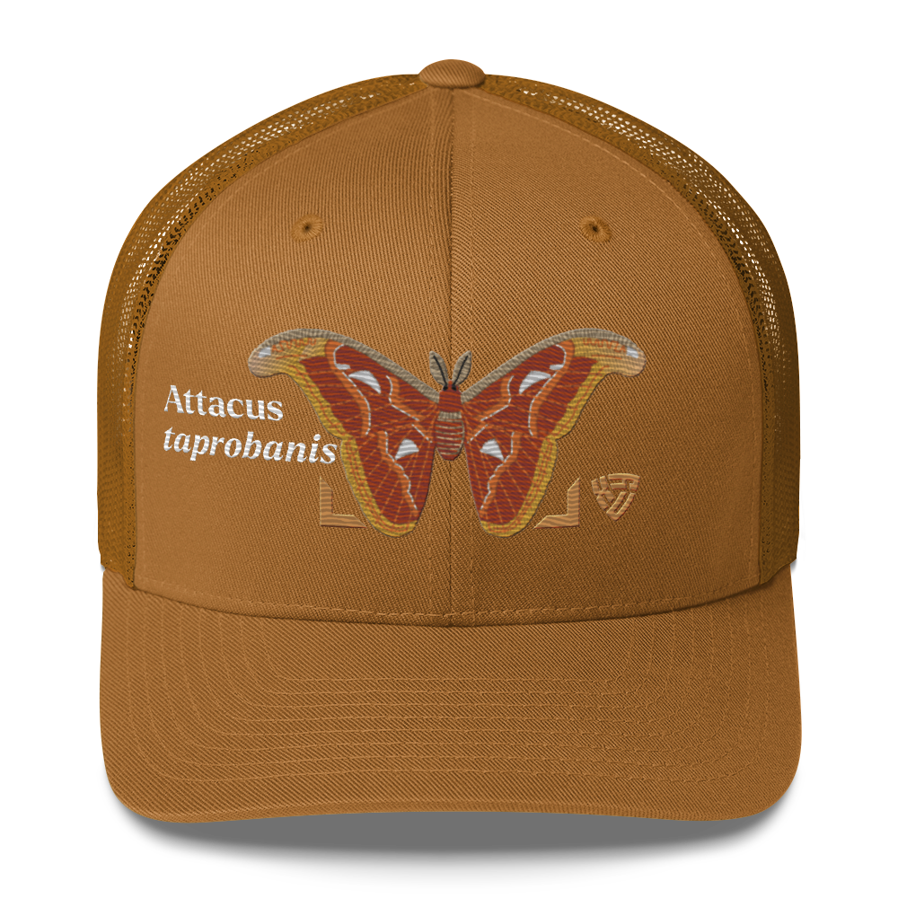 Atlas Moth "Attacus taprobanis" Embroidered Caramel Trucker Hat Front Mockup