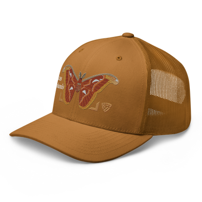 Atlas Moth "Attacus taprobanis" Embroidered Caramel Trucker Hat Left Front Mockup
