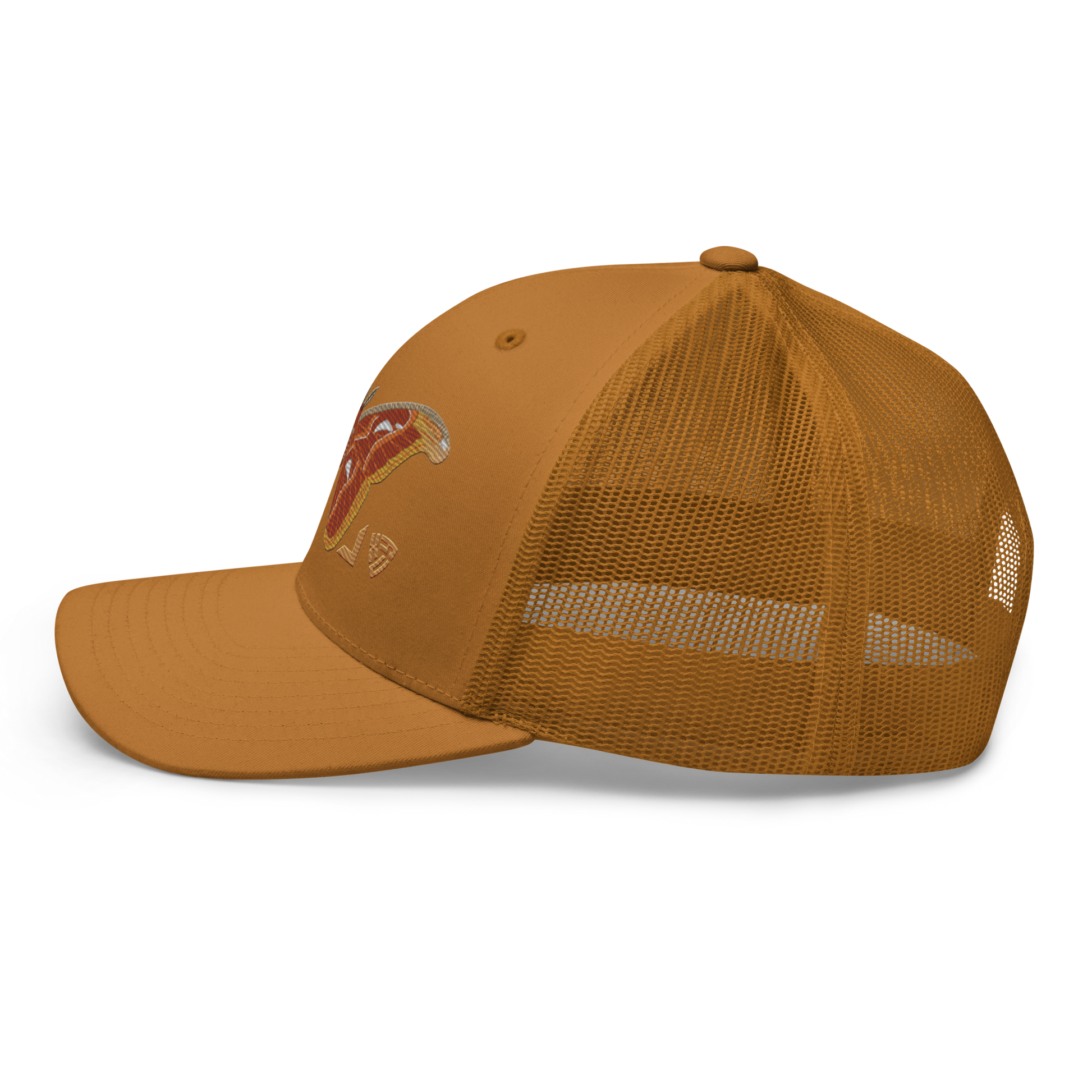 Atlas Moth "Attacus taprobanis" Embroidered Caramel Trucker Hat Left Mockup