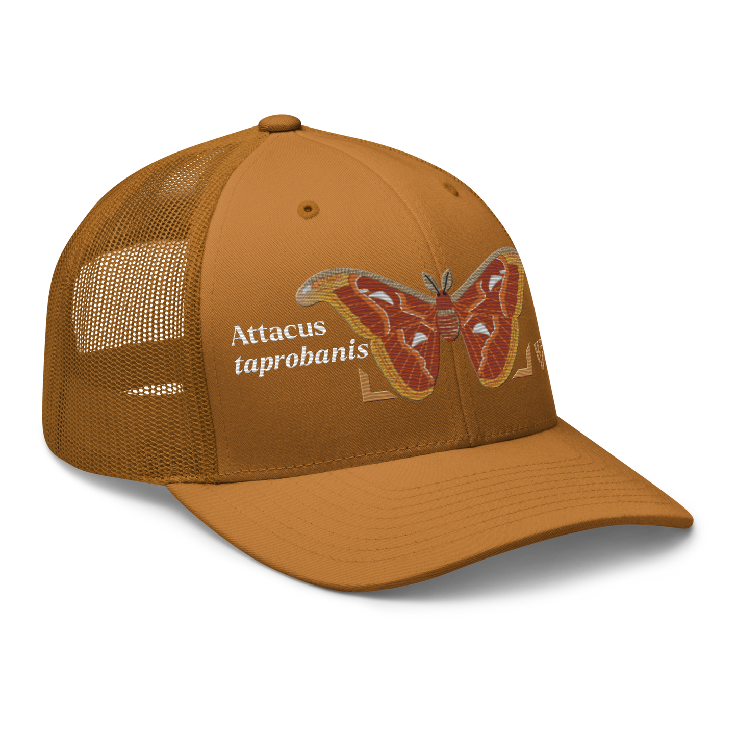 Atlas Moth "Attacus taprobanis" Embroidered Caramel Trucker Hat Right Front Mockup