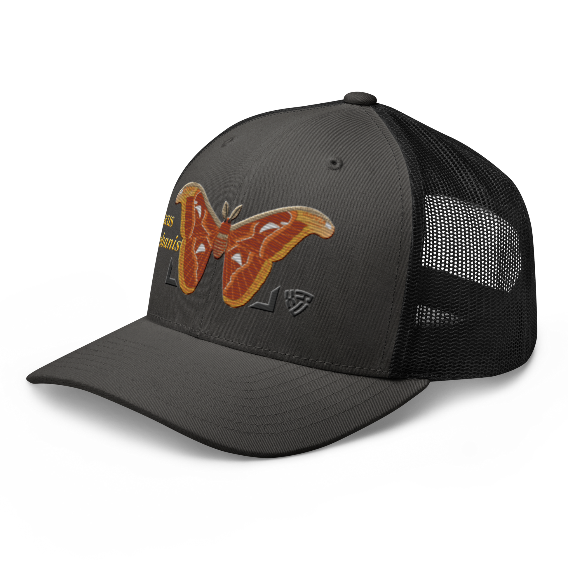 Atlas Moth "Attacus taprobanis" Embroidered Charcoal Grey & Black Trucker Hat Left Front Mockup