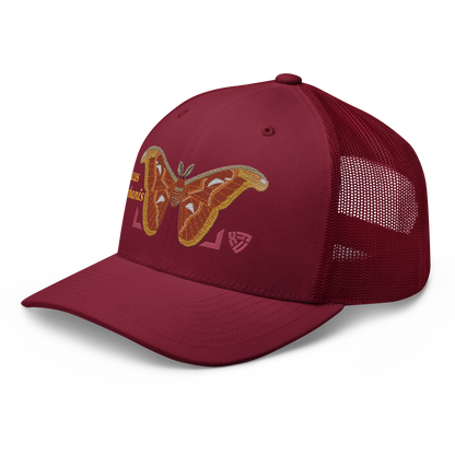 Atlas Moth "Attacus taprobanis" Embroidered Cranberry Red Trucker Hat Left Front Mockup