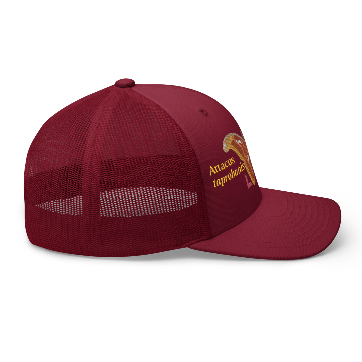 Atlas Moth "Attacus taprobanis" Embroidered Cranberry Red Trucker Hat Right Mockup