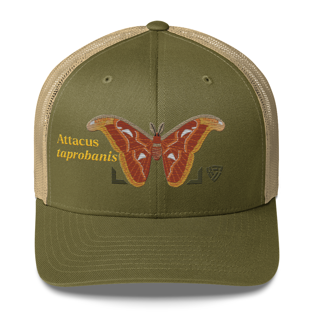 Atlas Moth "Attacus taprobanis" Embroidered Moss Green & Khaki Trucker Hat Front Mockup