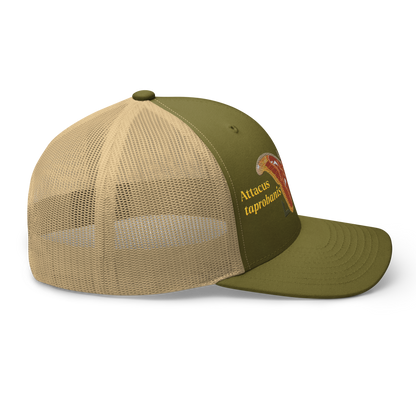Atlas Moth "Attacus taprobanis" Embroidered Moss Green & Khaki Trucker Hat Right Mockup