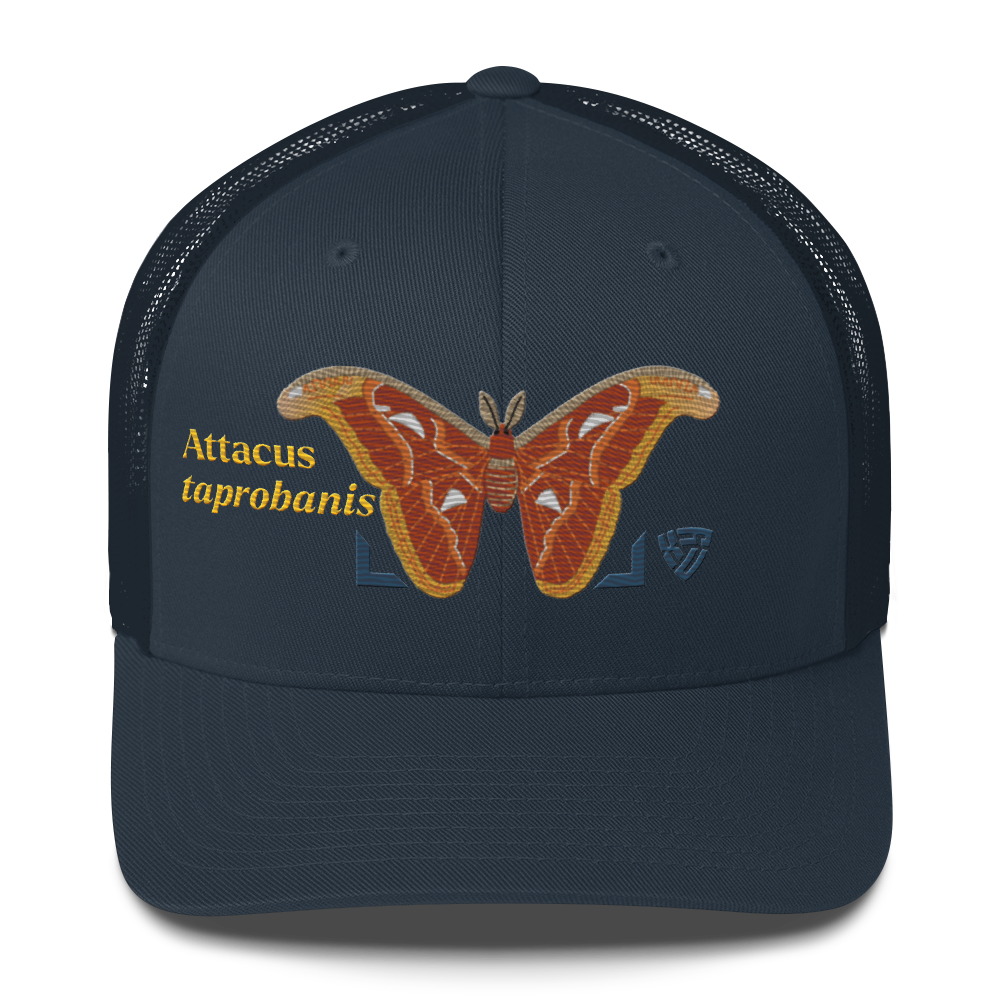 Atlas Moth "Attacus taprobanis" Embroidered Navy Blue Trucker Hat Front Mockup