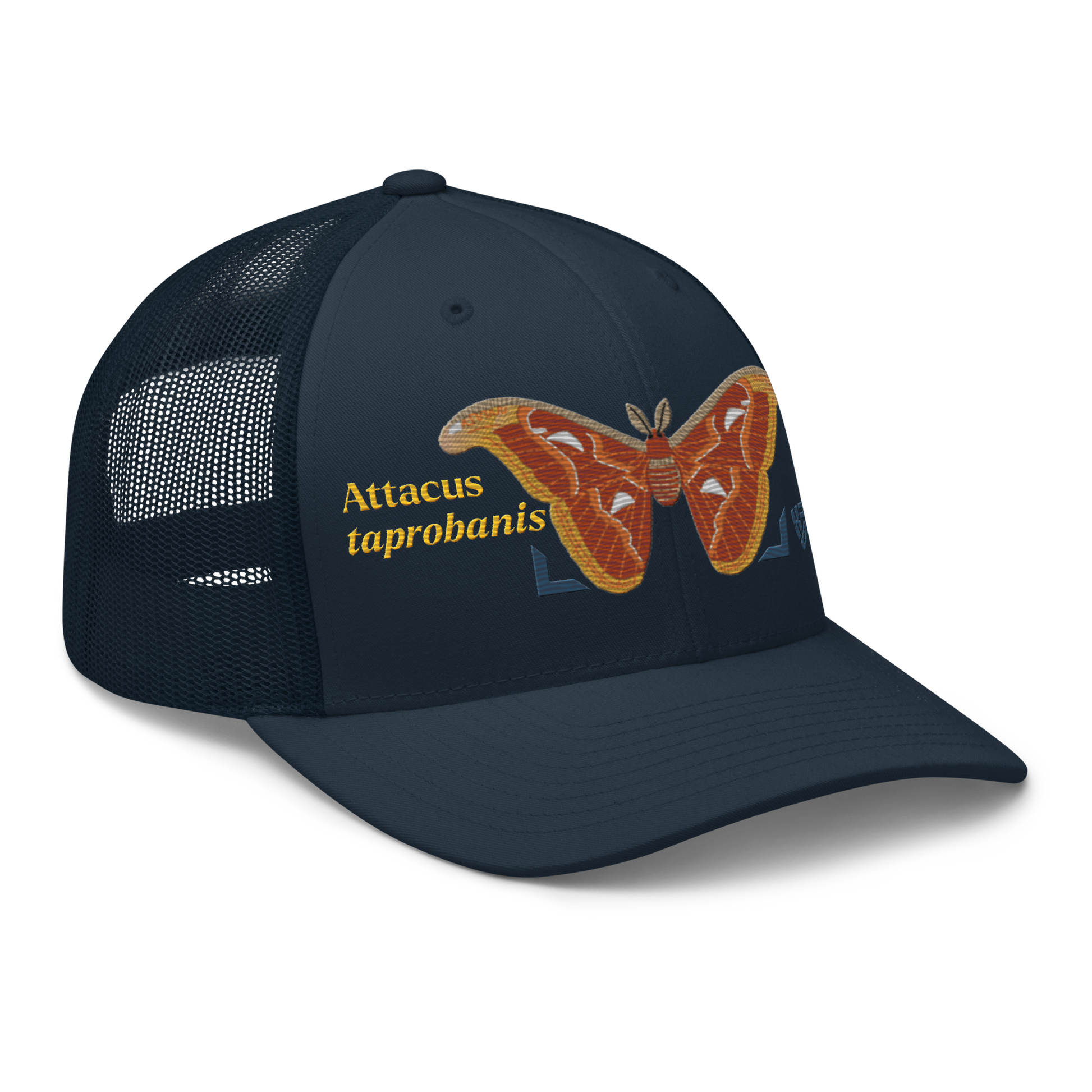 Atlas Moth "Attacus taprobanis" Embroidered Navy Blue Trucker Hat Right Front Mockup