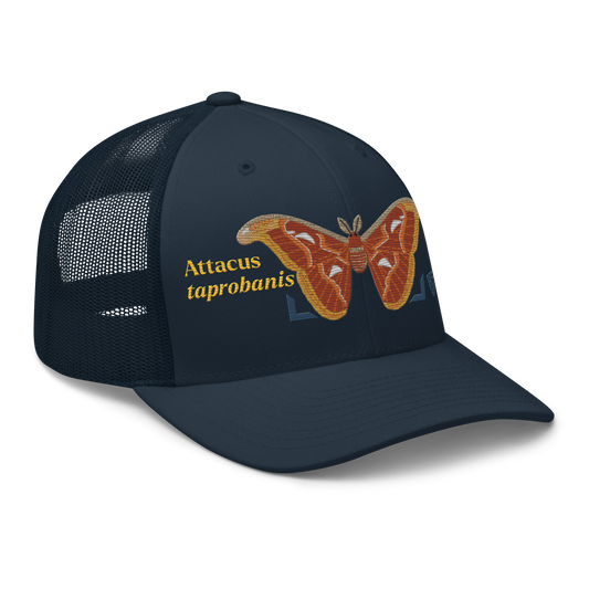Atlas Moth "Attacus taprobanis" Embroidered Navy Blue Trucker Hat Right Front Mockup