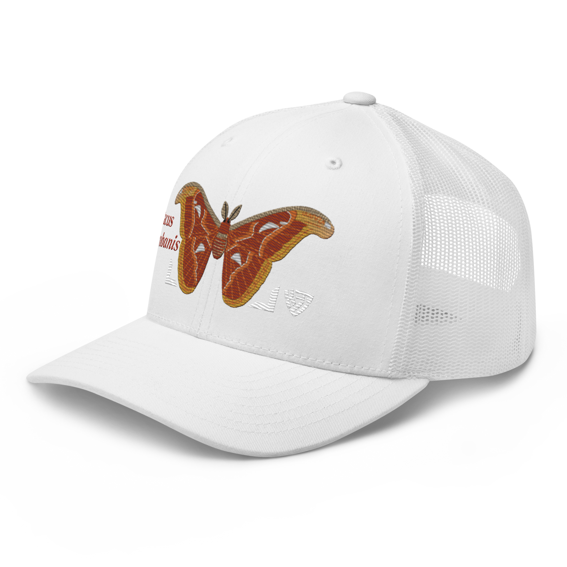 Atlas Moth "Attacus taprobanis" Embroidered White Trucker Hat Left Front Mockup