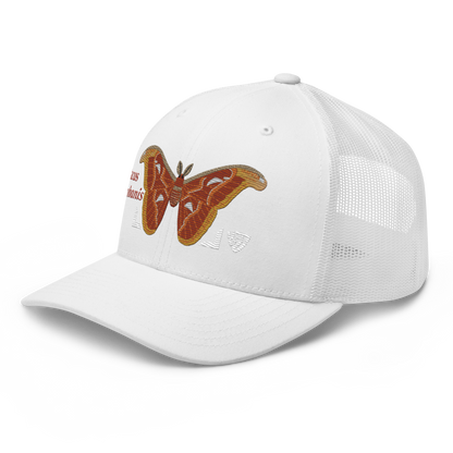 Atlas Moth "Attacus taprobanis" Embroidered White Trucker Hat Left Front Mockup