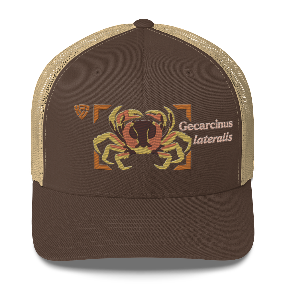Blackback Land Crab "Gecarcinus lateralis" Embroidered Brown & Khaki Trucker Hat Front Mockup