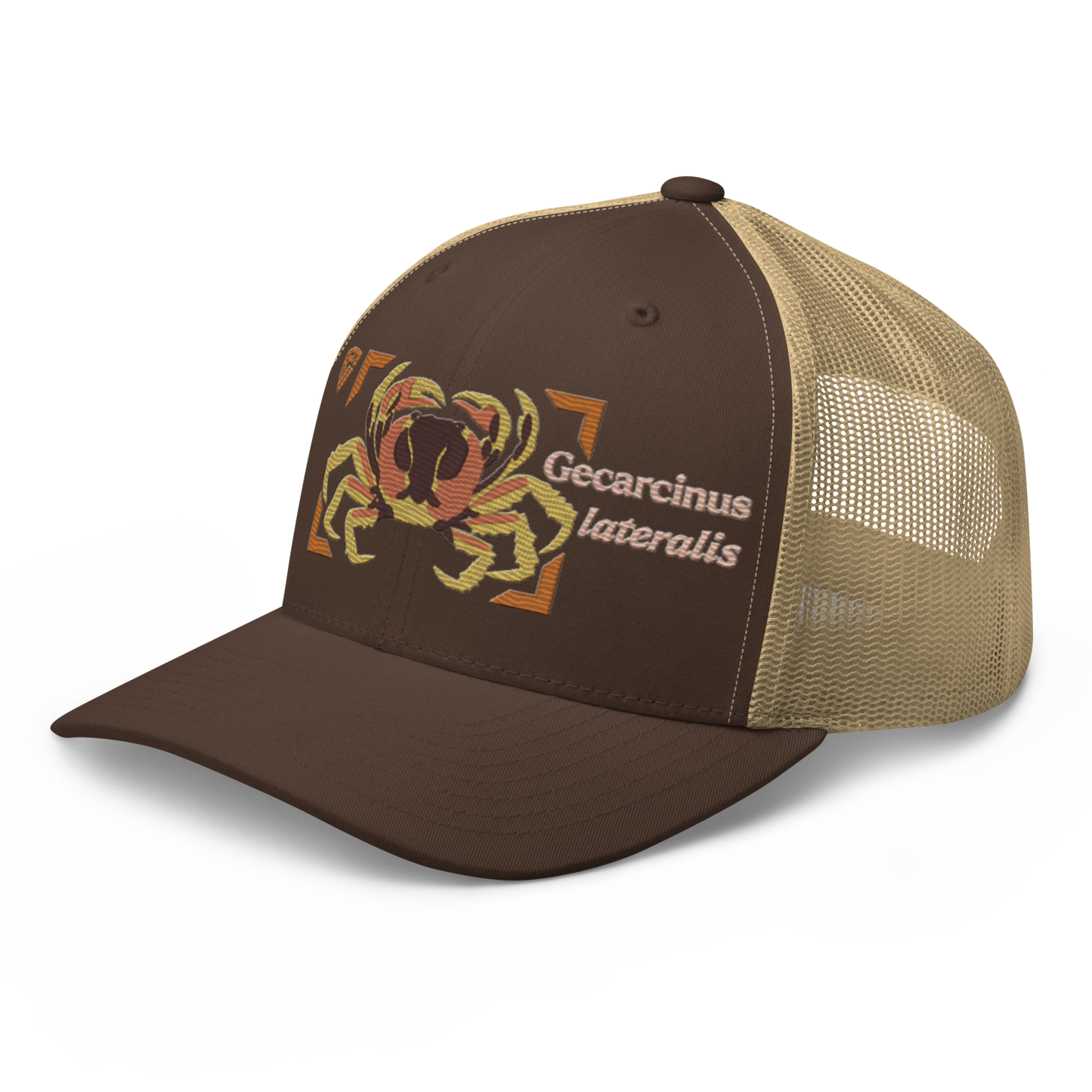 Blackback Land Crab "Gecarcinus lateralis" Embroidered Brown & Khaki Trucker Hat Left Front Mockup