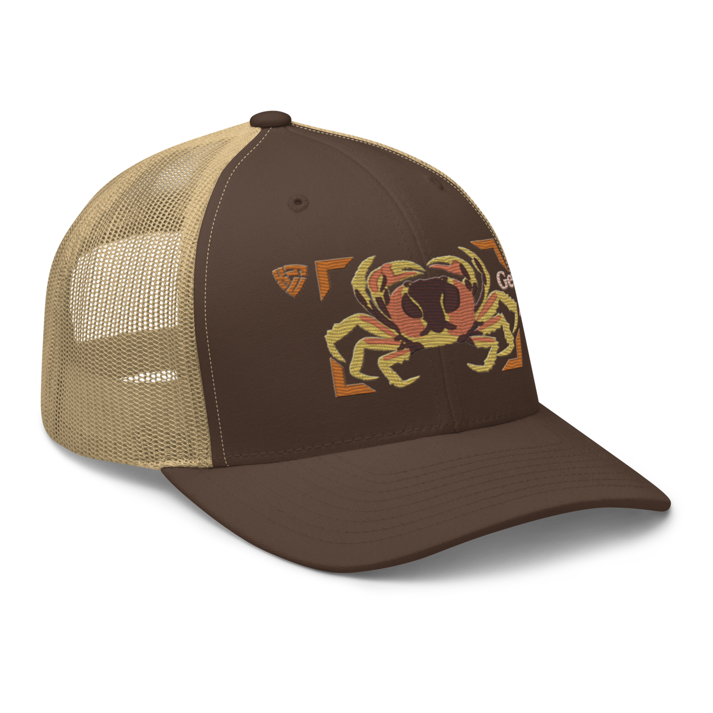 Blackback Land Crab "Gecarcinus lateralis" Embroidered Brown & Khaki Trucker Hat Right Front Mockup