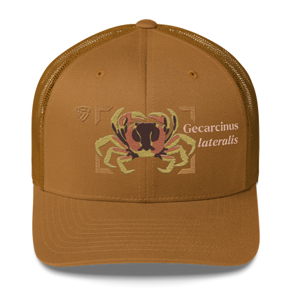 Blackback Land Crab "Gecarcinus lateralis" Embroidered Caramel Trucker Hat Front Mockup