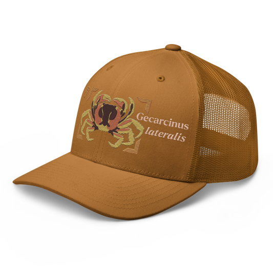 Blackback Land Crab "Gecarcinus lateralis" Embroidered Caramel Trucker Hat Left Front Mockup