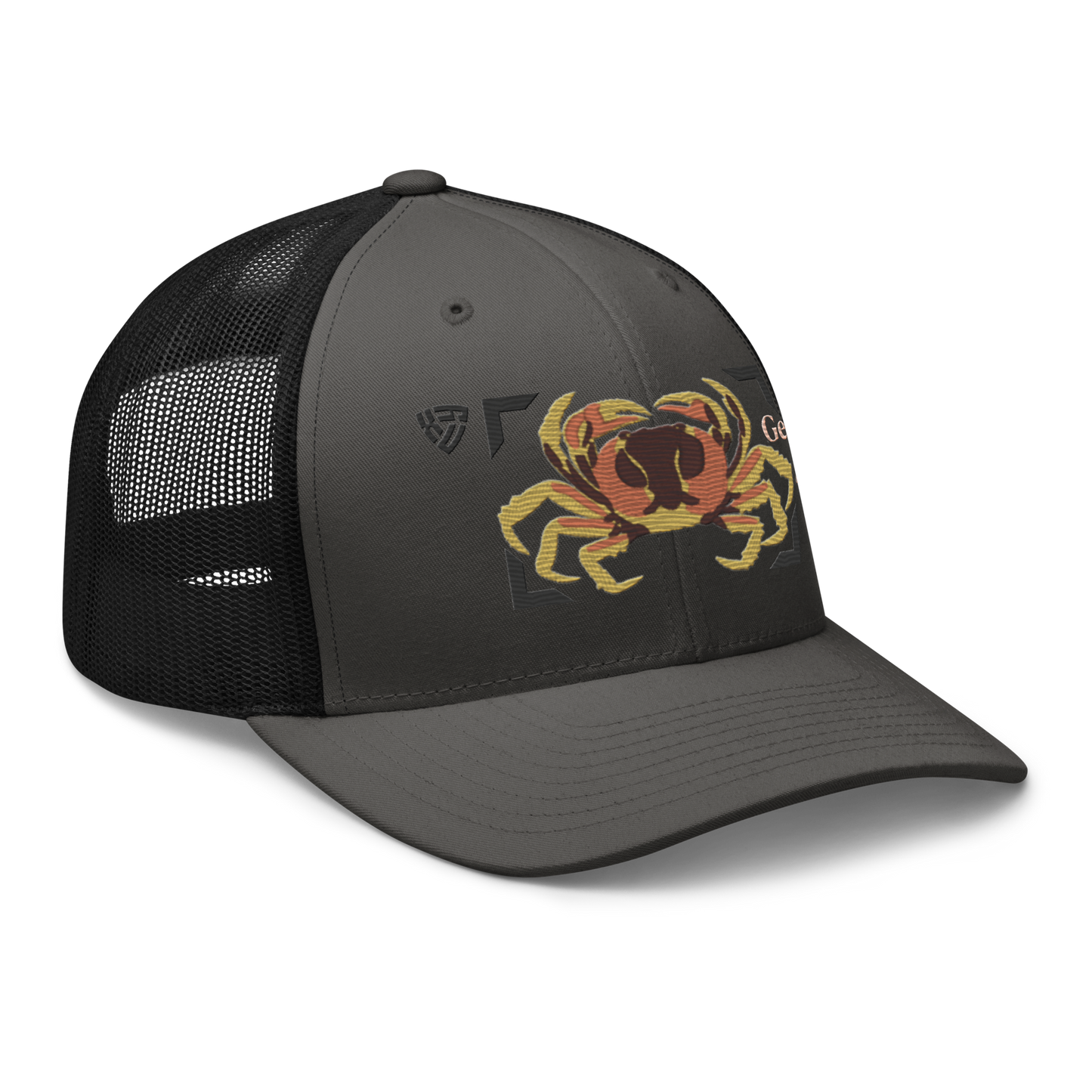 Blackback Land Crab "Gecarcinus lateralis" Embroidered Charcoal Grey & Black Trucker Hat Right Front Mockup