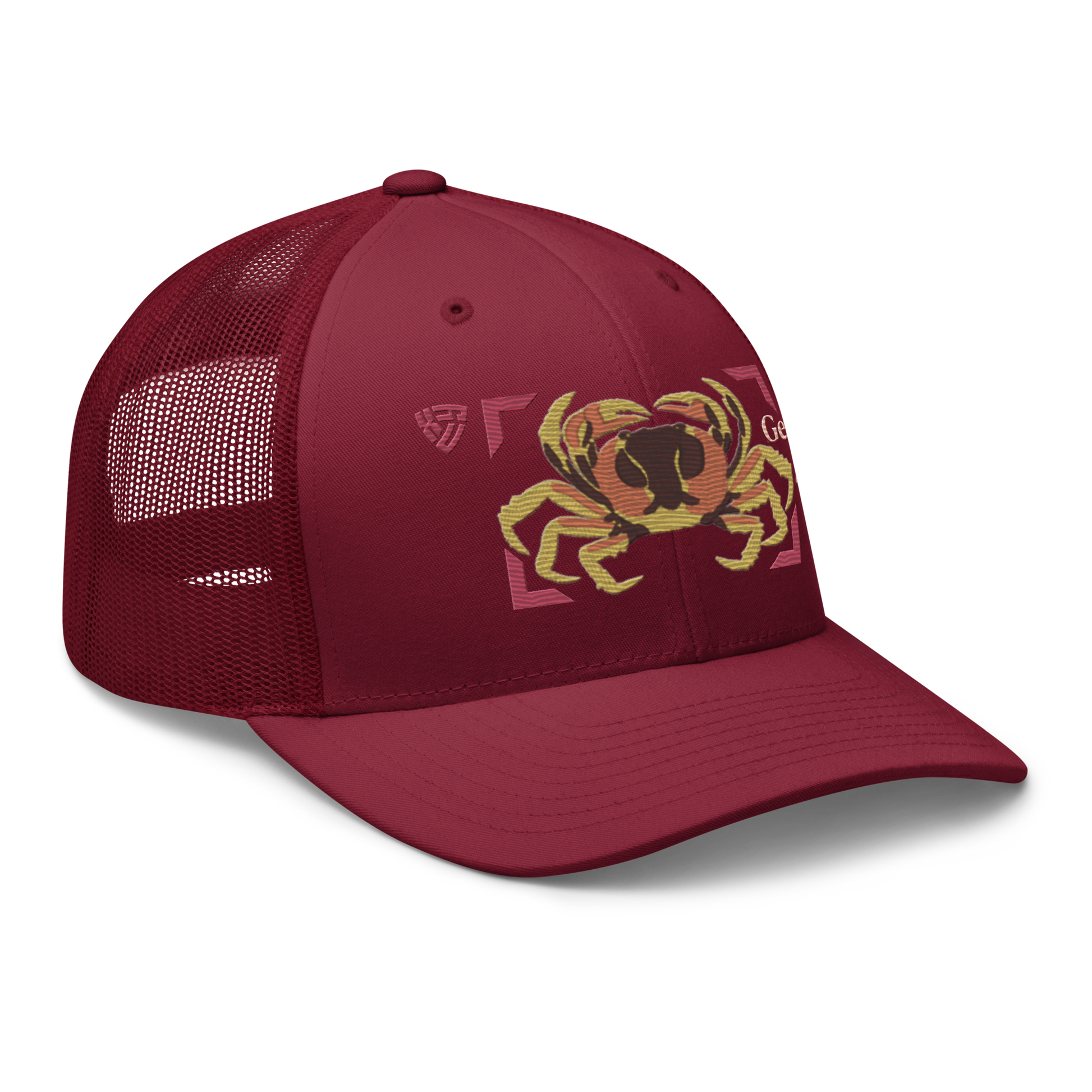 Blackback Land Crab "Gecarcinus lateralis" Embroidered Cranberry Red Trucker Hat Right Front Mockup